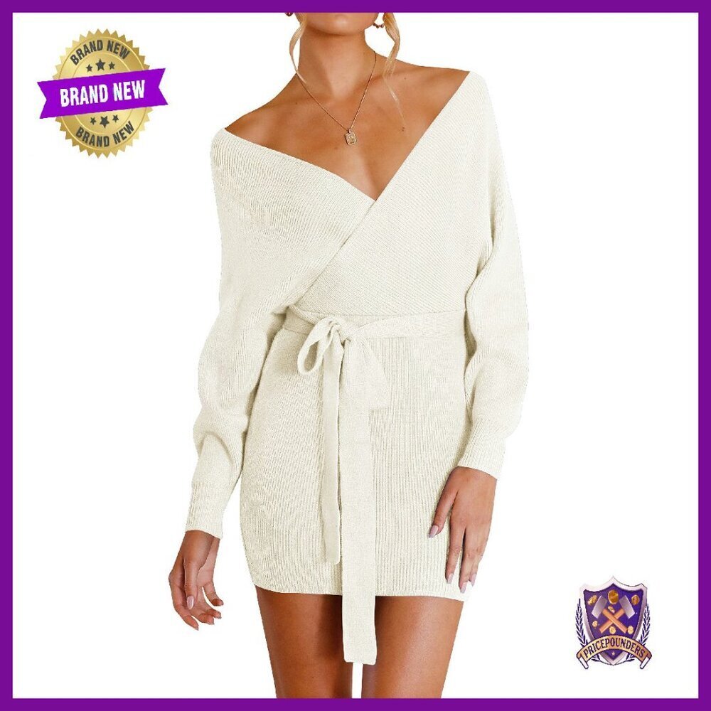 Long Sleeve Wrap V Neck Bodycon Sweater Dress with Belt